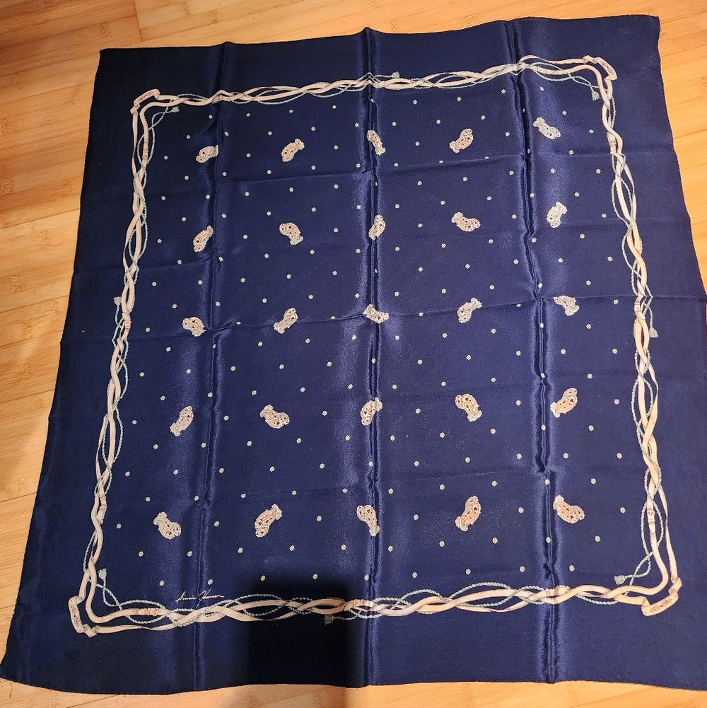 Vintage Ginnie Johansen Silk Blue Scarf with Light Pink Paisley Design